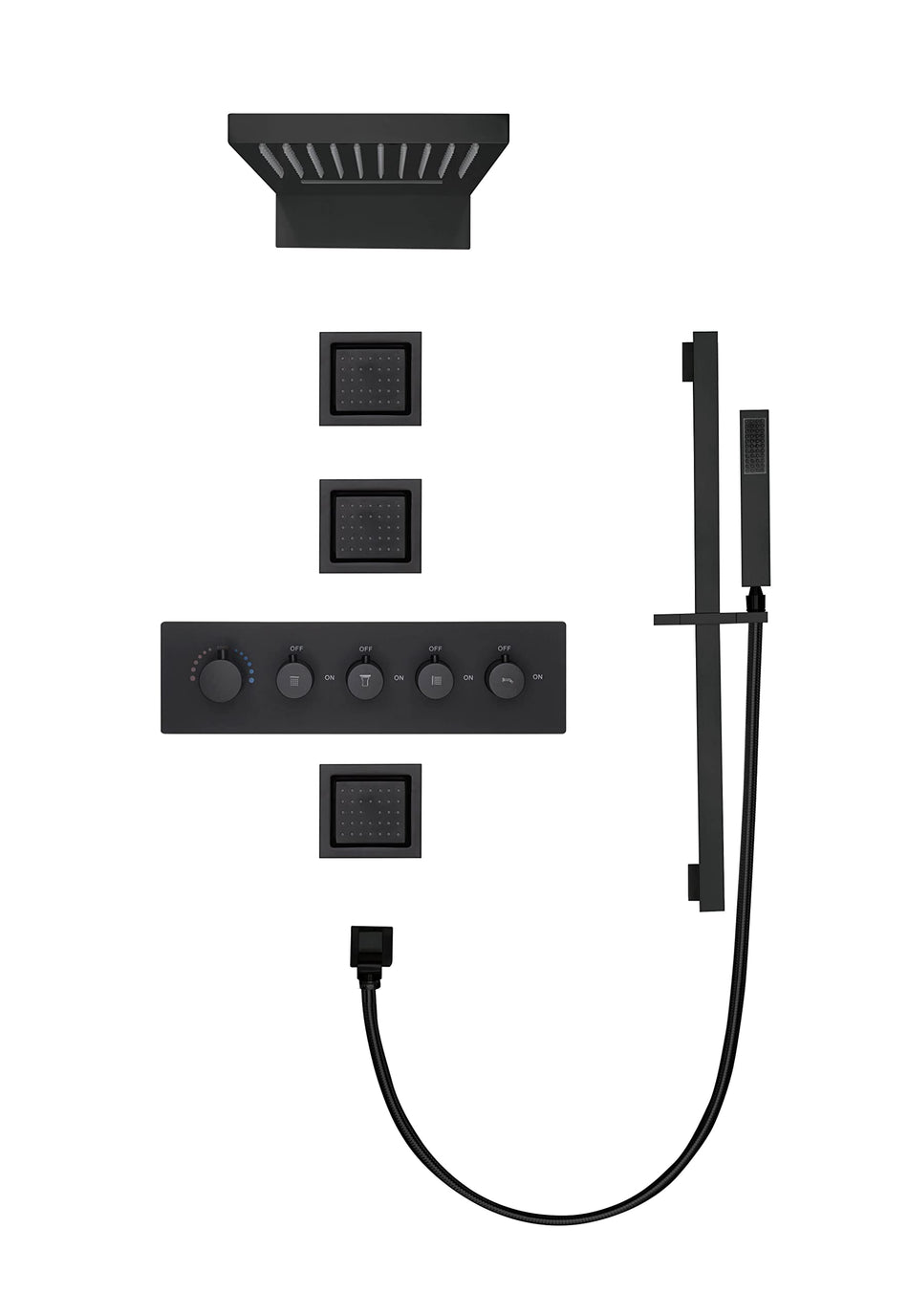 Matte Black 22 Inch Rainfall Waterfall Shower Head 4 Way Thermostatic Shower Faucet Set with Flushed Body Jets