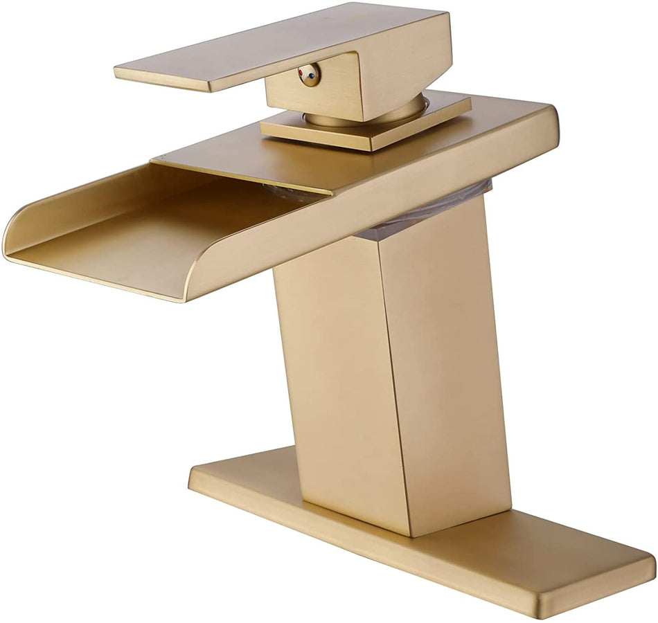 Brushed Gold Waterfall 3 LED Lights Single Handle Bathroom Sink Faucet with Cover and Pop Up Brass Overflow Drain