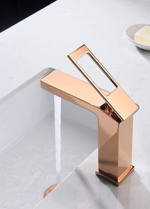 Single Handles Bathroom Sink faucets with Brass pop up Overflow Drain (Rose Gold)