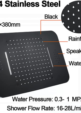 Matte Black 64-Color LED Lights Bluetooth Music Rainfall Waterfall 23 Inch Shower Head 4 Way Thermostatic Shower System with Body Jets