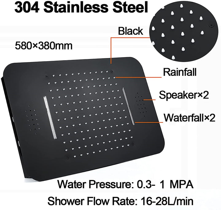 
                  
                    Matte Black Music LED Flushed in 23X 15inch shower head 5 way thermostatic shower system with regular shower head and body jets
                  
                