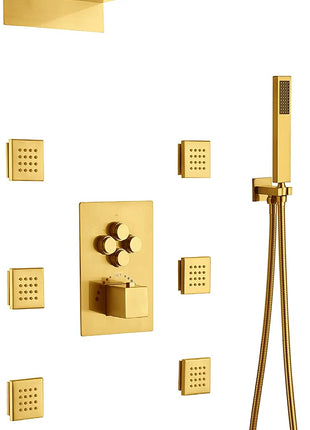 Polished Gold 22 Inch Rainfall Waterfall Shower Head 4 Way Thermostatic Shower Faucet Set with 6 Body Jets Each Function Work All Together and Separately