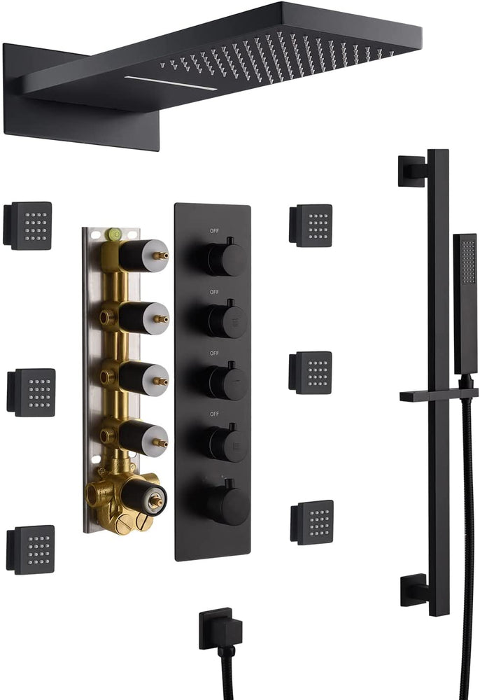 
                  
                    Matte Black 22 Inch Rainfall Waterfall Shower Head 4 Way Thermostatic Shower Faucet Set with Slide Bar and Body Jets Each Function Work All Together and Separately
                  
                