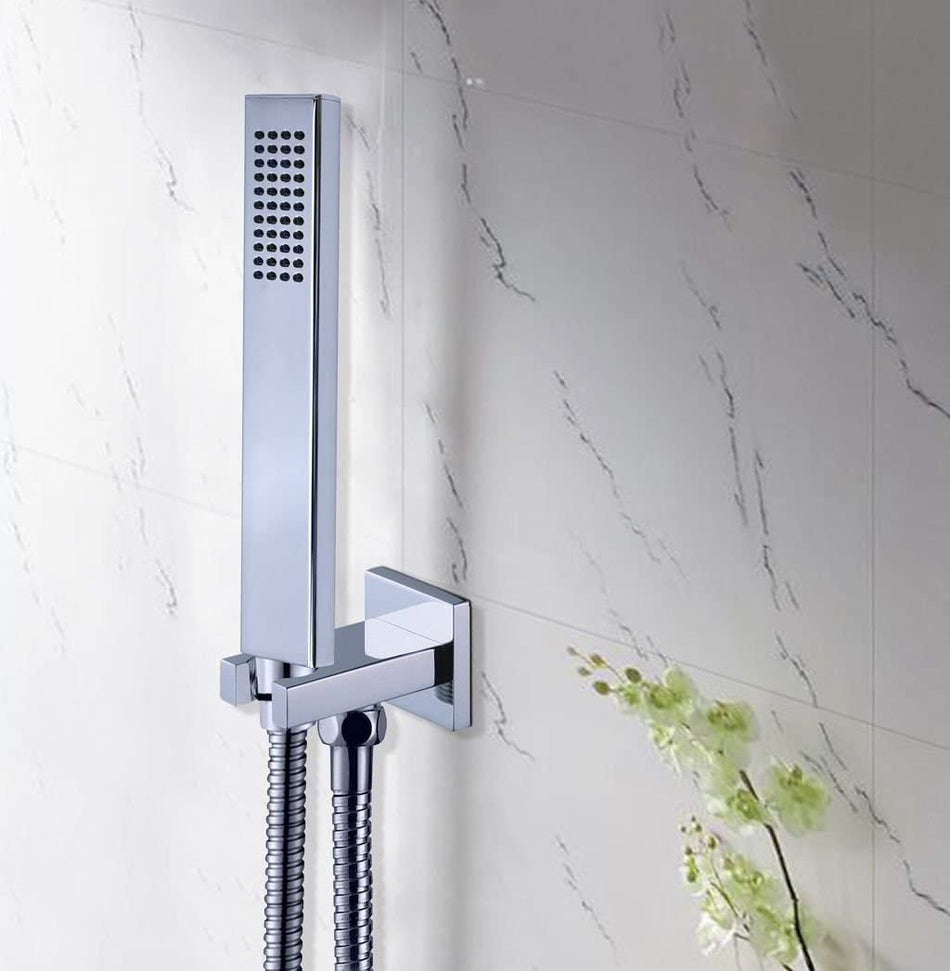 chrome handheld shower with shower holder and hose