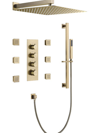 Brushed Gold Wall Mounted 12 inch or 16 Inch Rainfall Shower Head 3 Way Thermostatic Shower Faucet Set with Slide Bar and 6 Body Jets Each Function Work All Together and Separately
