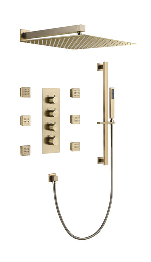 
                  
                    Brushed Gold Wall Mounted 12 inch or 16 Inch Rainfall Shower Head 3 Way Thermostatic Shower Faucet Set with Slide Bar and 6 Body Jets Each Function Work All Together and Separately
                  
                