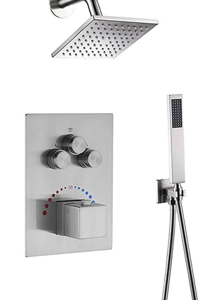 Brushed nickel Ceiling 12 Inch led Light Rainfall Shower Head Wall Mount 6 Inch Regular High Water Pressure Shower Head 3 Way Thermostatic Shower Faucet Each Function Work All together and separately