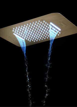 Brushed Gold Music LED Flushed in 23 X 15 inch or 20 x 20 inch shower head 5 way thermostatic shower system with regular head and body sprayers