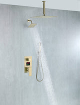 Brushed Gold Ceiling Mount 12 inch or 16 Inch Rainfall Shower Head Wall Mount 6 Inch Regular High Water Pressure Shower Head 3 Way Digital display Shower Faucet