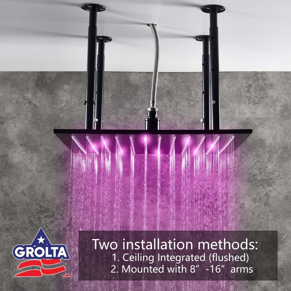 Matte Black 20 inch or 24 Inch LED Light Rainfall Shower Head