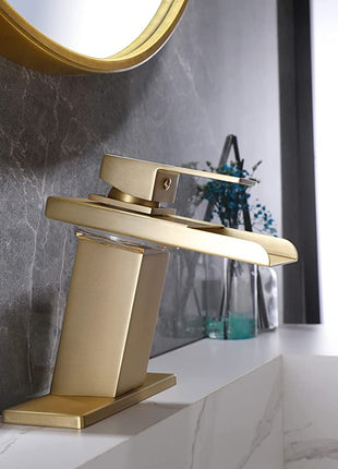 Brushed Gold Waterfall 3 LED Lights Single Handle Bathroom Sink Faucet with Cover and Pop Up Brass Overflow Drain