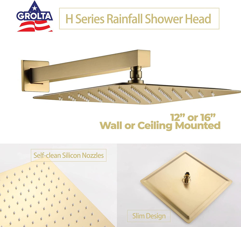 
                  
                    Brushed Gold Ceiling Mount 12 inch or 16 Inch Rainfall Shower Head 3 Way Thermostatic Shower Faucet with Sliding Bar and Body Jets each Function Work All Together and Separately
                  
                