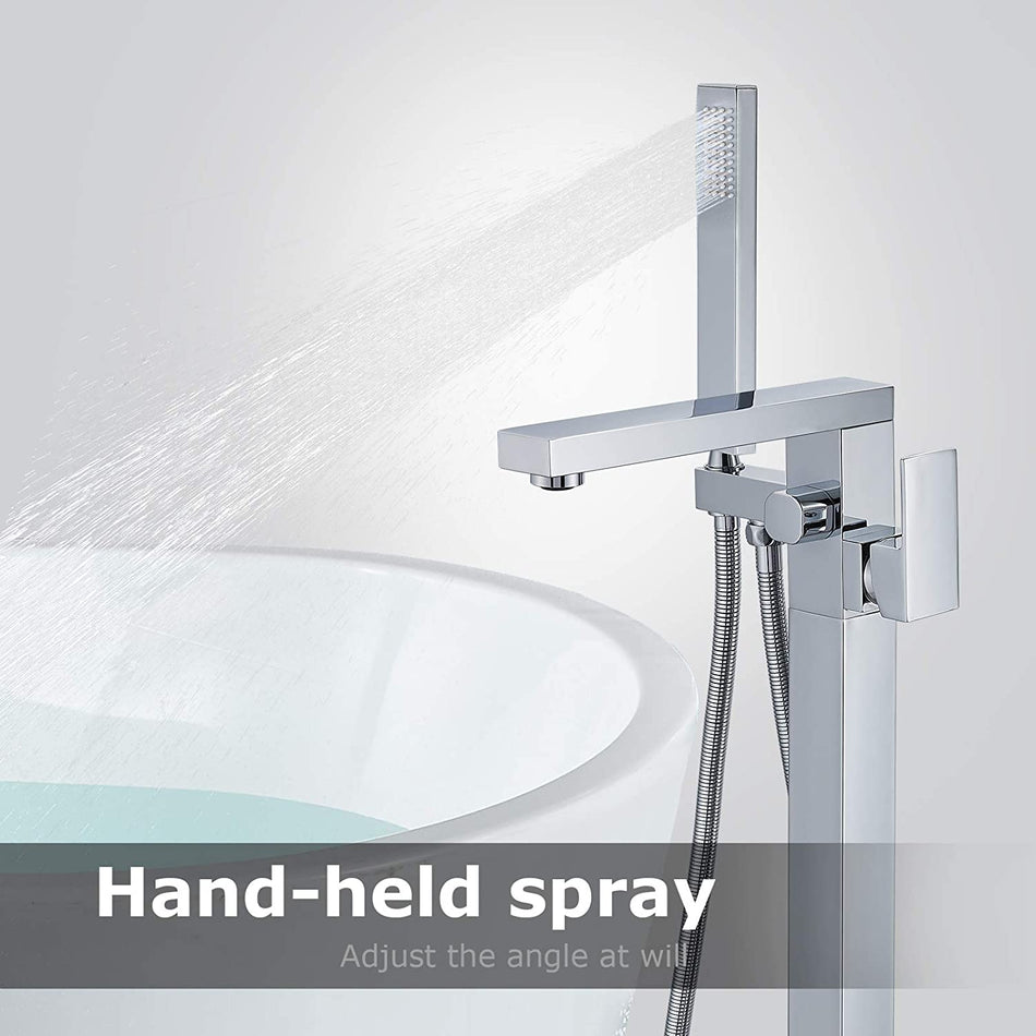 Chrome Floor Mount Bathtub Shower Faucet W/ Hand Shower Tub Filler Mixer Free Standing