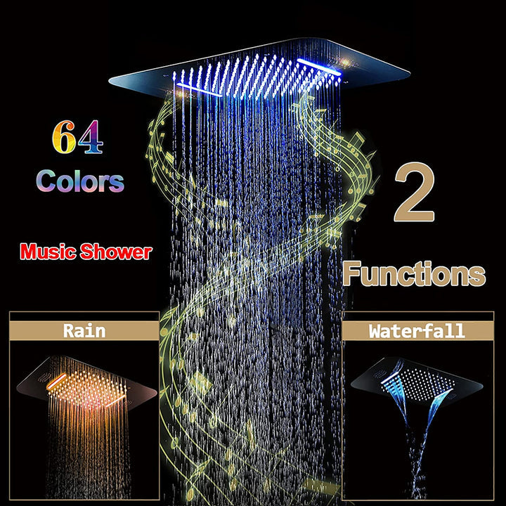 Matte Black Music LED Flushed in 23X 15inch shower head 5 way thermostatic shower system with regular shower head and body jets