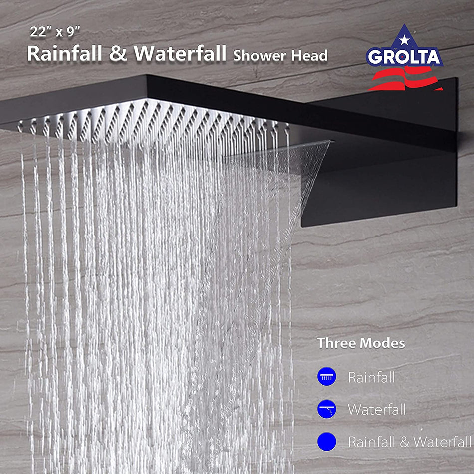22 Inch Rainfall Waterfall Shower Head - Matte Black or brushed gold
