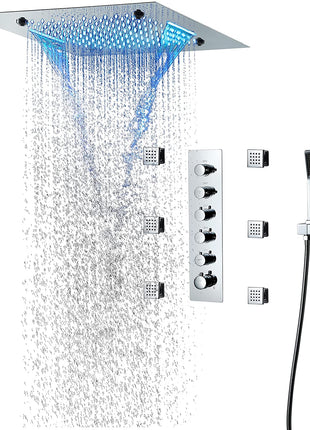 Chrome 20 Inch Flushed Ceiling Mount Rainfall Waterfall Mist 64 LED Light Bluetooth Music Shower Head 5 Way Thermostatic Shower Faucet Set with Body Jets and Touch Panel