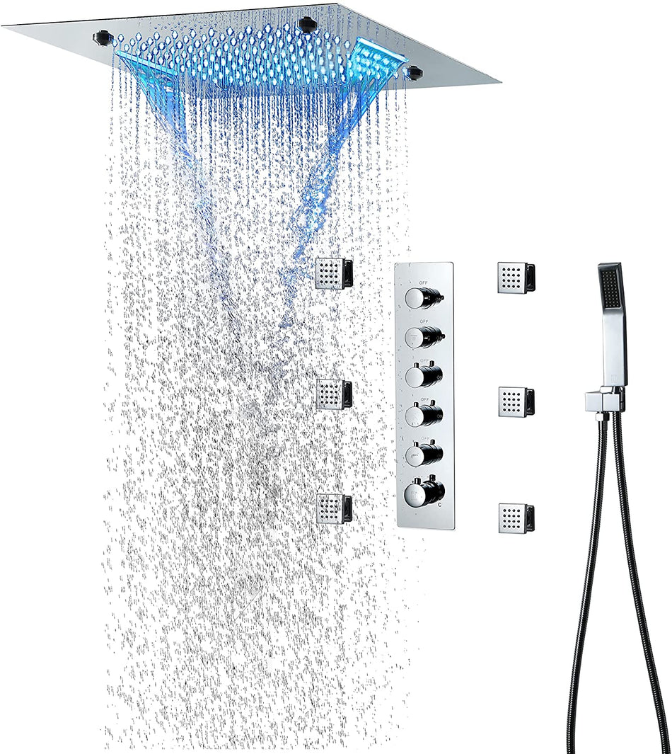 Chrome 20 Inch Flushed Ceiling Mount Rainfall Waterfall Mist 64 LED Light Bluetooth Music Shower Head 5 Way Thermostatic Shower Faucet Set with Body Jets and Touch Panel