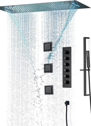 Matte Black 36 Inch  Flushed Ceiling Mount Rainfall Waterfall Water Column 64 LED Light Bluetooth Music Shower Head 5 Way Thermostatic Shower Faucet Set with Body Jets and Touch Panel