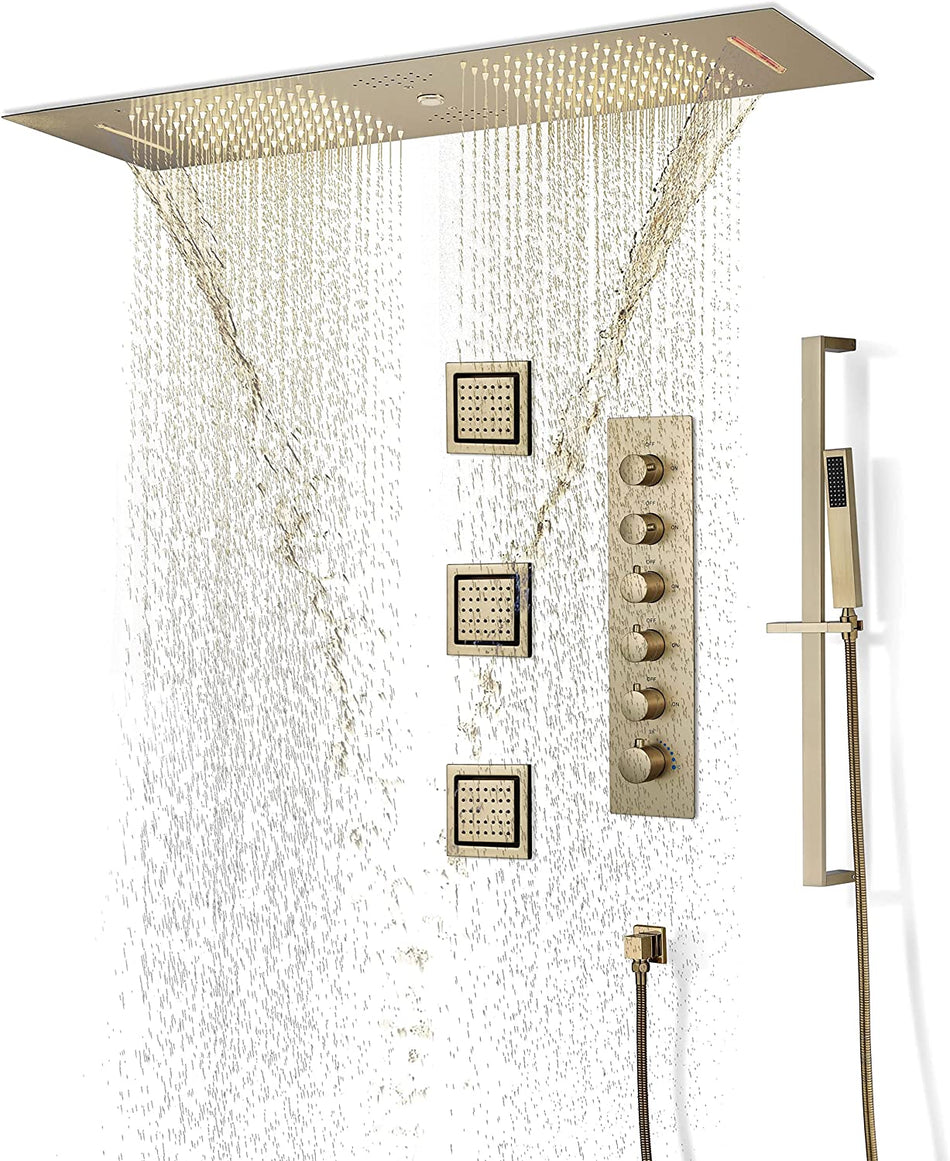Brushed Gold 36 Inch  Flushed Ceiling Mount Rainfall Waterfall Water Column 64 LED Light Bluetooth Music Shower Head 5 Way Thermostatic Shower Faucet Set with Body Jets and Touch Panel
