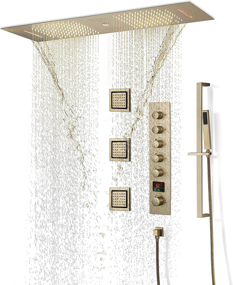 Brushed Gold 36 Inch  Flushed Ceiling Mount Rainfall Waterfall Water Column 64 LED Light Bluetooth Music Shower Head 5 Way Digital display Thermostatic Shower Faucet Set with Body Jets and Touch Panel