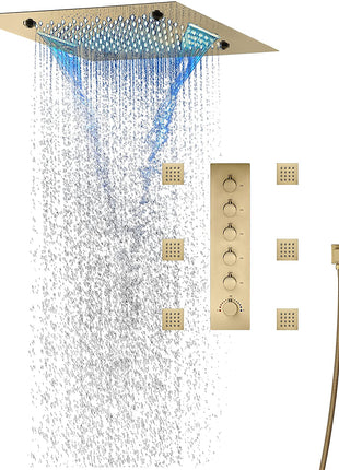 Brushed Gold 20 Inch Flushed Ceiling Mount Rainfall Waterfall Mist 64 LED Light Bluetooth Music Shower Head 5 Way Thermostatic Shower Faucet Set with Body Jets and Touch Panel