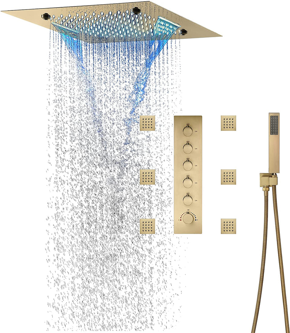 Brushed Gold 20 Inch Flushed Ceiling Mount Rainfall Waterfall Mist 64 LED Light Bluetooth Music Shower Head 5 Way Thermostatic Shower Faucet Set with Body Jets and Touch Panel