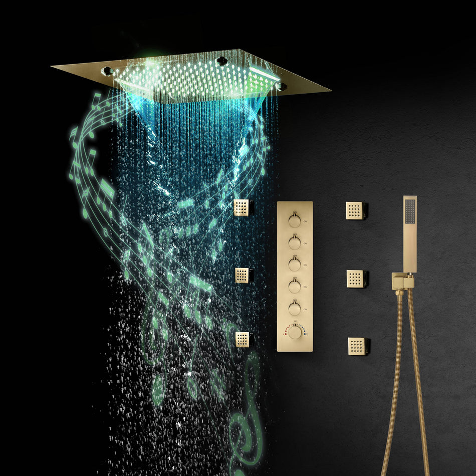 Brushed Gold 20 Inch Flushed Ceiling Mount Rainfall Waterfall Mist 64 LED Light Bluetooth Music Shower Head 5 Way Thermostatic Shower Faucet Set with Body Jets and Touch Panel