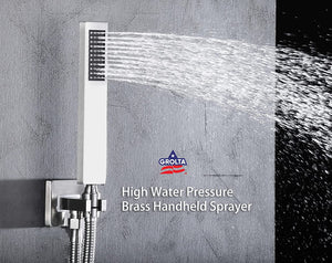
                  
                    Brushed Nickel X3 Thermostatic Tub Faucet Set Shower System with Ceiling 12" Rain Shower Head, Handheld and Tub Spout
                  
                