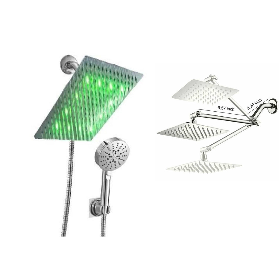 8inch LED stainless steel adjustable arm chrome 3 way brass diverter 4'' handheld shower