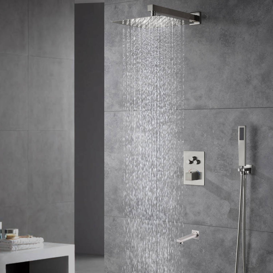 Wall mount 12 inch wall mounted 3 functions Thermostatic Mixer System Brushed Nickel rain Shower Faucet Set Tub Spout Bath