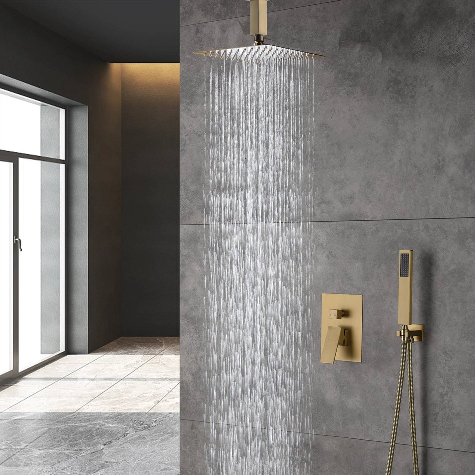 two way 12 Inch ceiling Mount Brushed Gold Pressure balance Shower System
