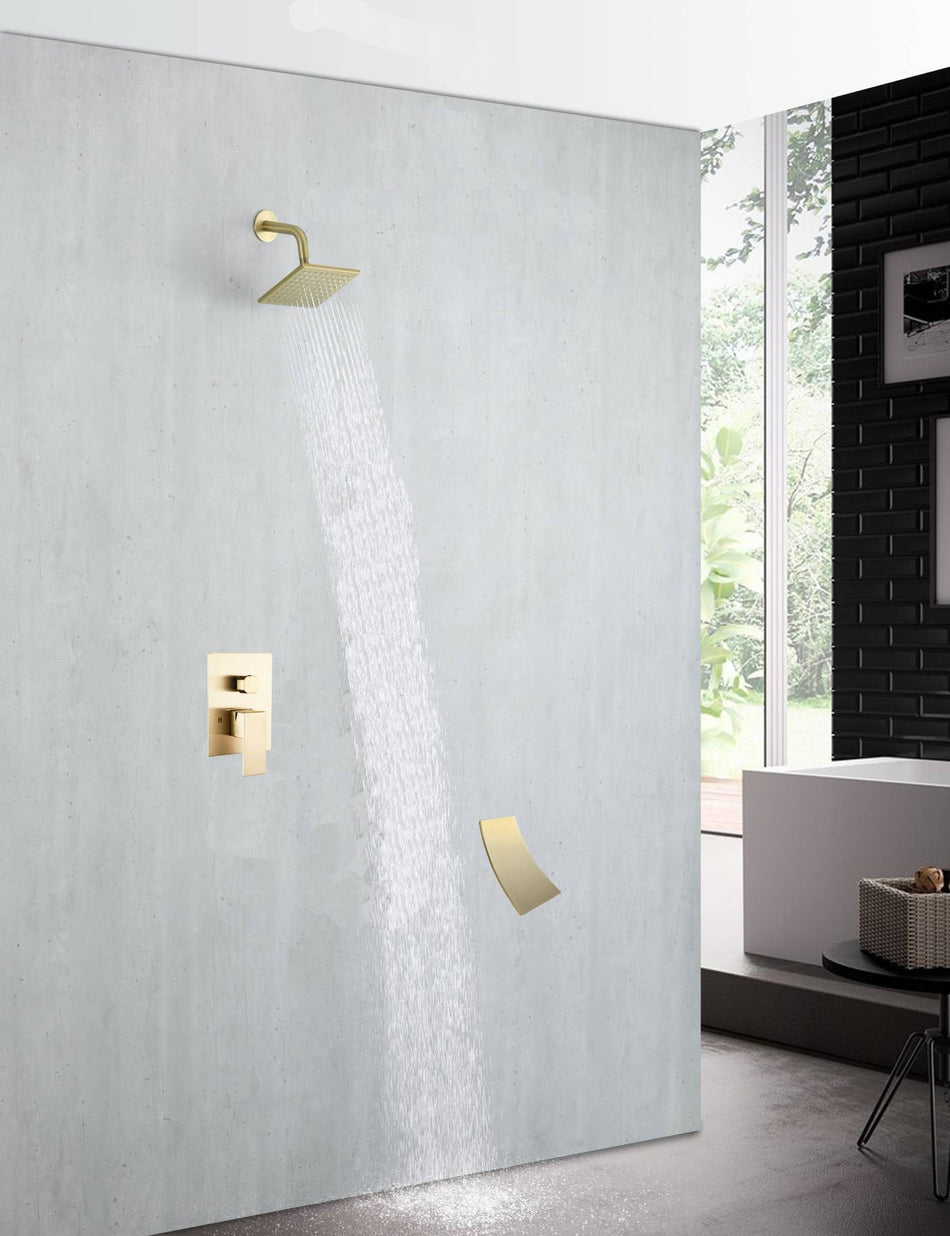 6 Inch Regular shower head wall Mount Brushed Gold two functions Shower System with pressure balance rough in valve and trim and waterfall tub spout