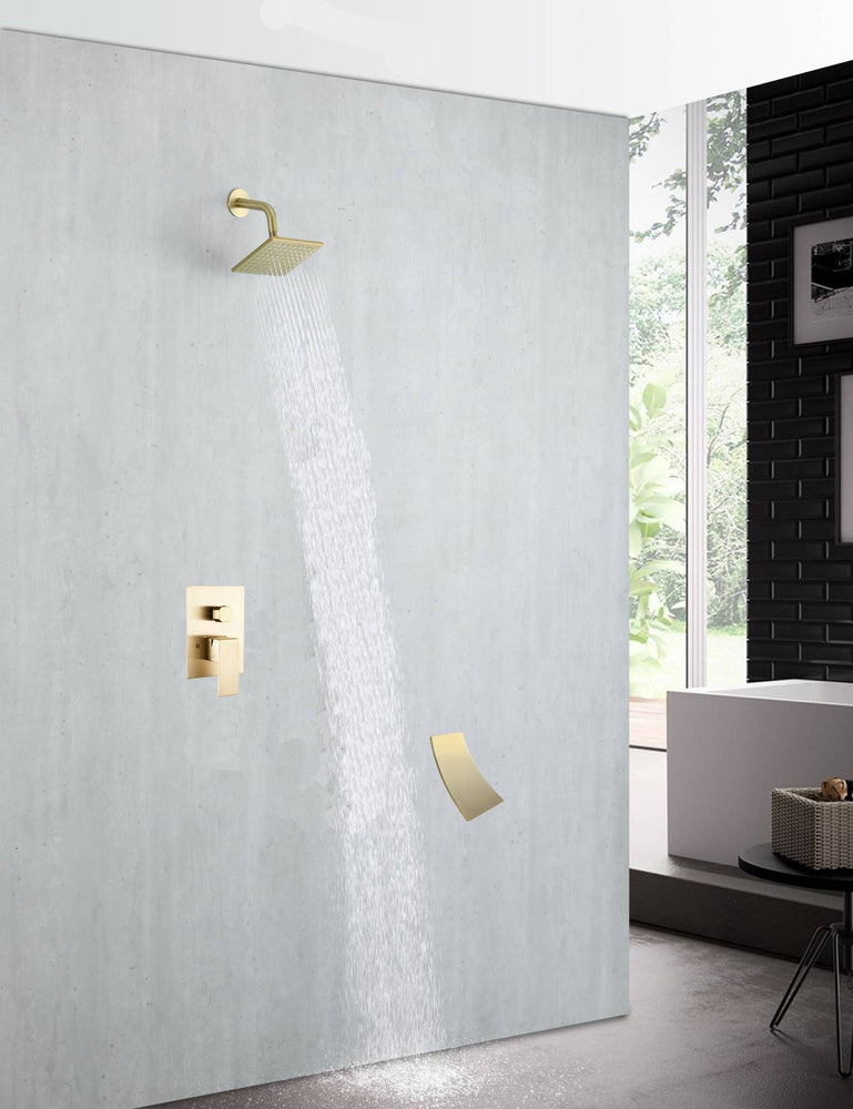 
                  
                    6 Inch Regular shower head wall Mount Brushed Gold two functions Shower System with pressure balance rough in valve and trim and waterfall tub spout
                  
                