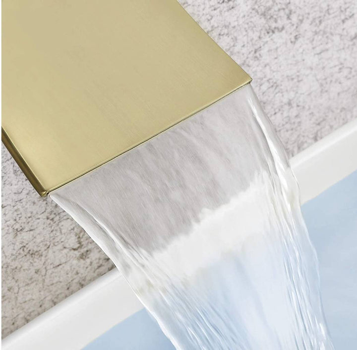 Waterfall Wall-mount Pressure balance Bath Tub Filler Faucet with Handheld Shower Brushed Gold