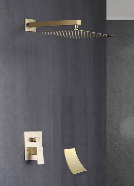 12 Inch wall Mount Brushed Gold Shower System Rough-in Valve Body and Trim with waterfall tub spout
