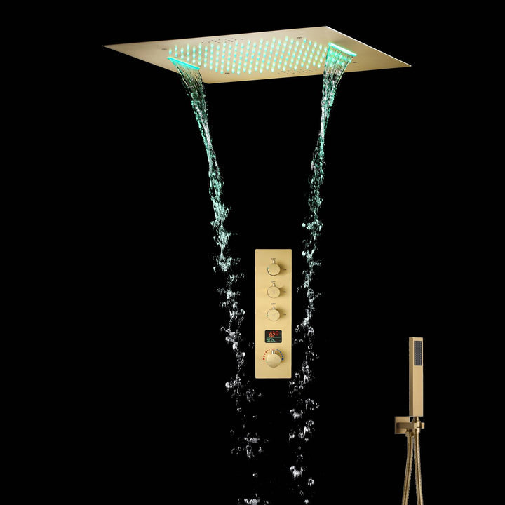 Brushed Gold Music 64 LED lights Flushed mount 20 X 20 inch rain waterfall shower head 3 way Digital display thermostatic valve that each function run all together and separately