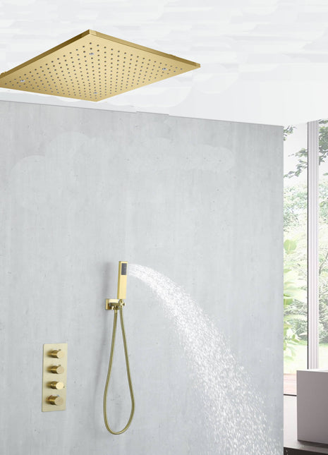 20 inch rain mist ceiling mount Brushed gold 3 way thermostatic shower faucet with handle sprayer
