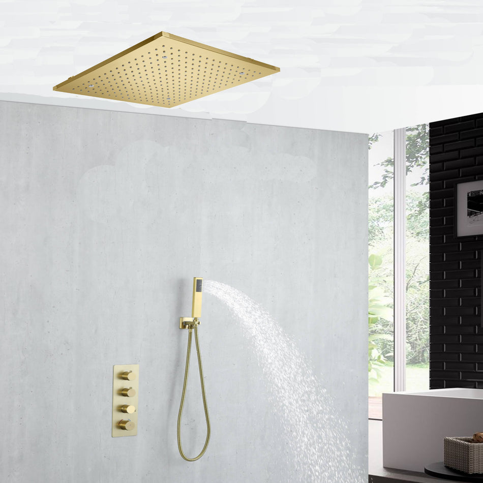 20 inch rain mist ceiling mount Brushed gold 3 way thermostatic shower faucet with handle sprayer