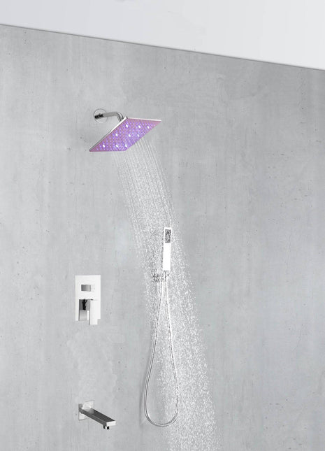 Chrome 6 inch regular or 8 INCH 3 LED colors regular head Wall Mounted Rainfall Shower Faucet with Hand Shower and tub spout