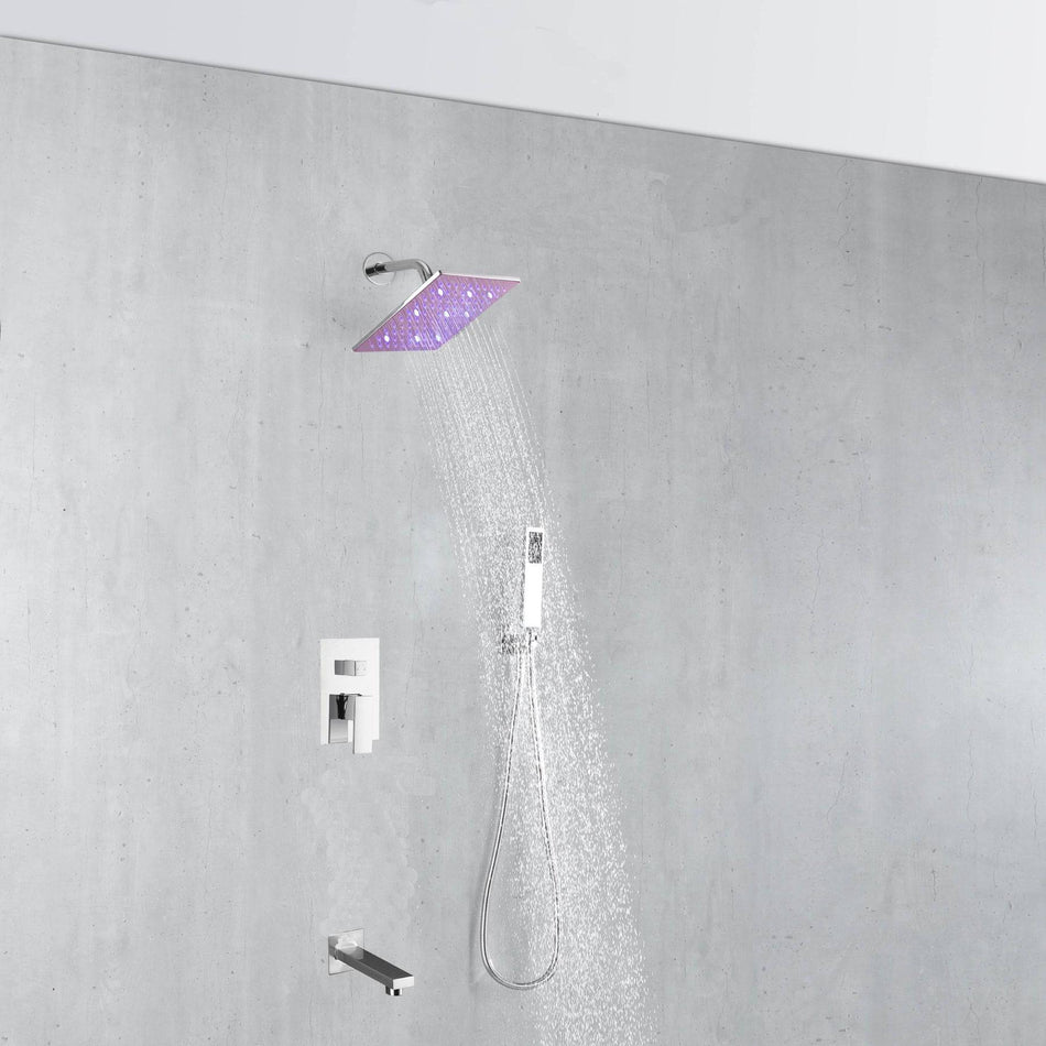 Chrome 6 inch regular or 8 INCH 3 LED colors regular head Wall Mounted Rainfall Shower Faucet with Hand Shower and tub spout