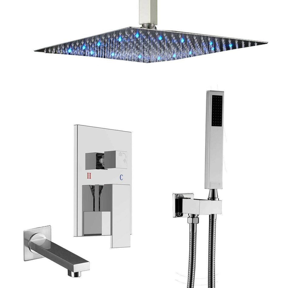 16inch 3 LED colors 3 way valve Chrome Rainfall Shower Faucets with tub spout
