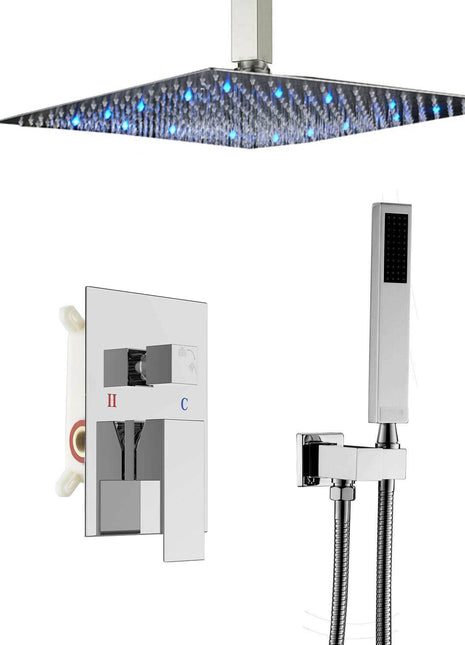 16inch 3 LED colors Ceiling Mounted Chrome Rainfall Shower Faucet with Hand Shower Mixer Tap