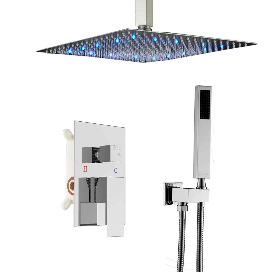 16inch 3 LED colors Ceiling Mounted Chrome Rainfall Shower Faucet with Hand Shower Mixer Tap