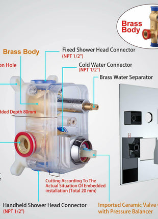 16inch 3 LED colors 3 way valve Chrome Rainfall Shower Faucets with tub spout