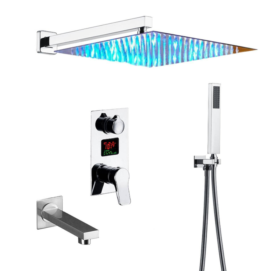 12inch LED Chrome wall mounted Rain shower 3 way digital display rough in valve with tub spout