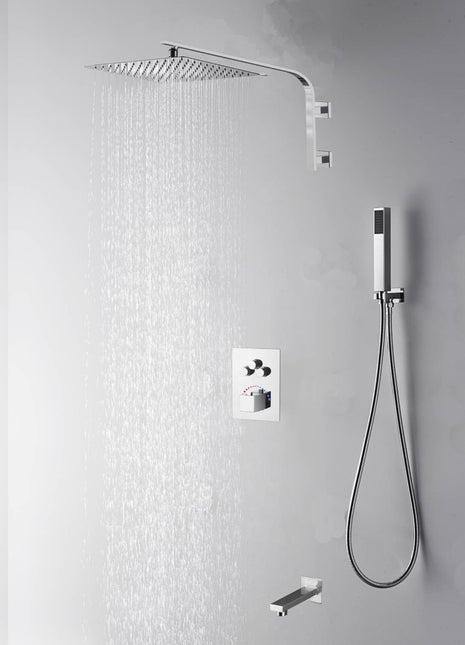 12 inch or 16 inch LED Chrome 22 inch wall mounted 3 way thermostatic shower faucet each function work all together and separately with tub spout