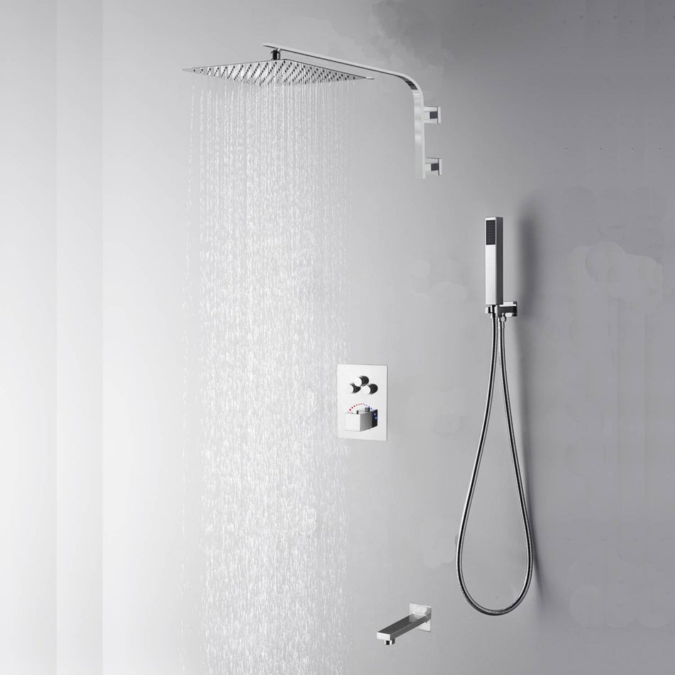 12 inch or 16 inch LED Chrome 22 inch wall mounted 3 way thermostatic shower faucet each function work all together and separately with tub spout