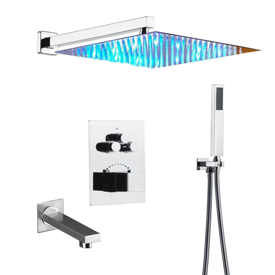 16inch LED Chrome wall mounted 3 way thermostatic shower faucet each function work all together and separately with tub spout