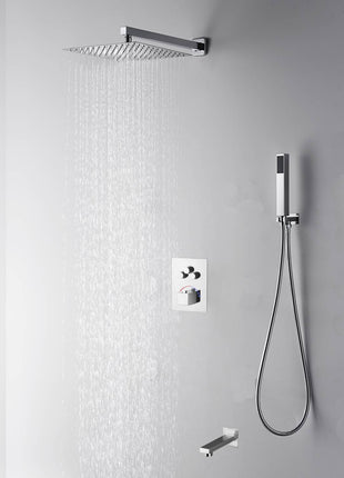12 inch or 16 inch rain head Chrome wall mounted arm 3 way thermostatic shower faucet each function work all together and separately with tub spout