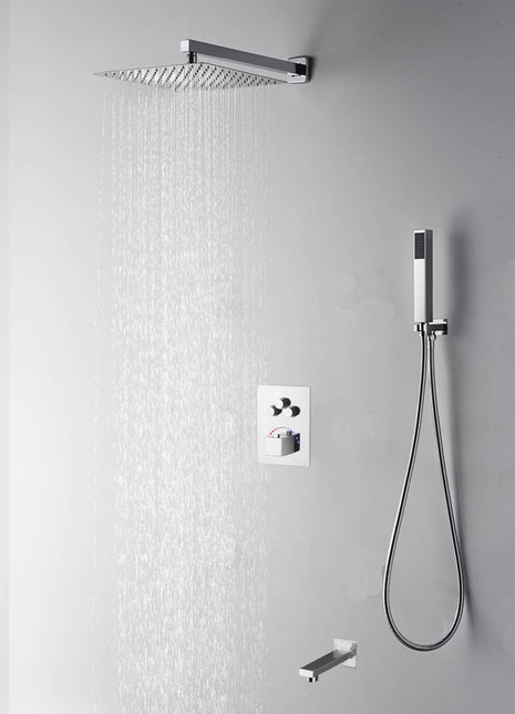 12 inch or 16 inch rain head Chrome wall mounted arm 3 way thermostatic shower faucet each function work all together and separately with tub spout